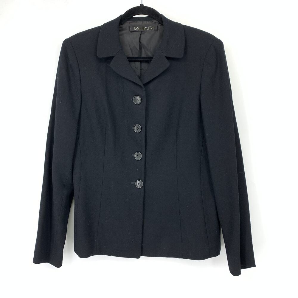 Tahari Four Button Blazer Suit Jacket Womens Size 12 Black 100% Wool